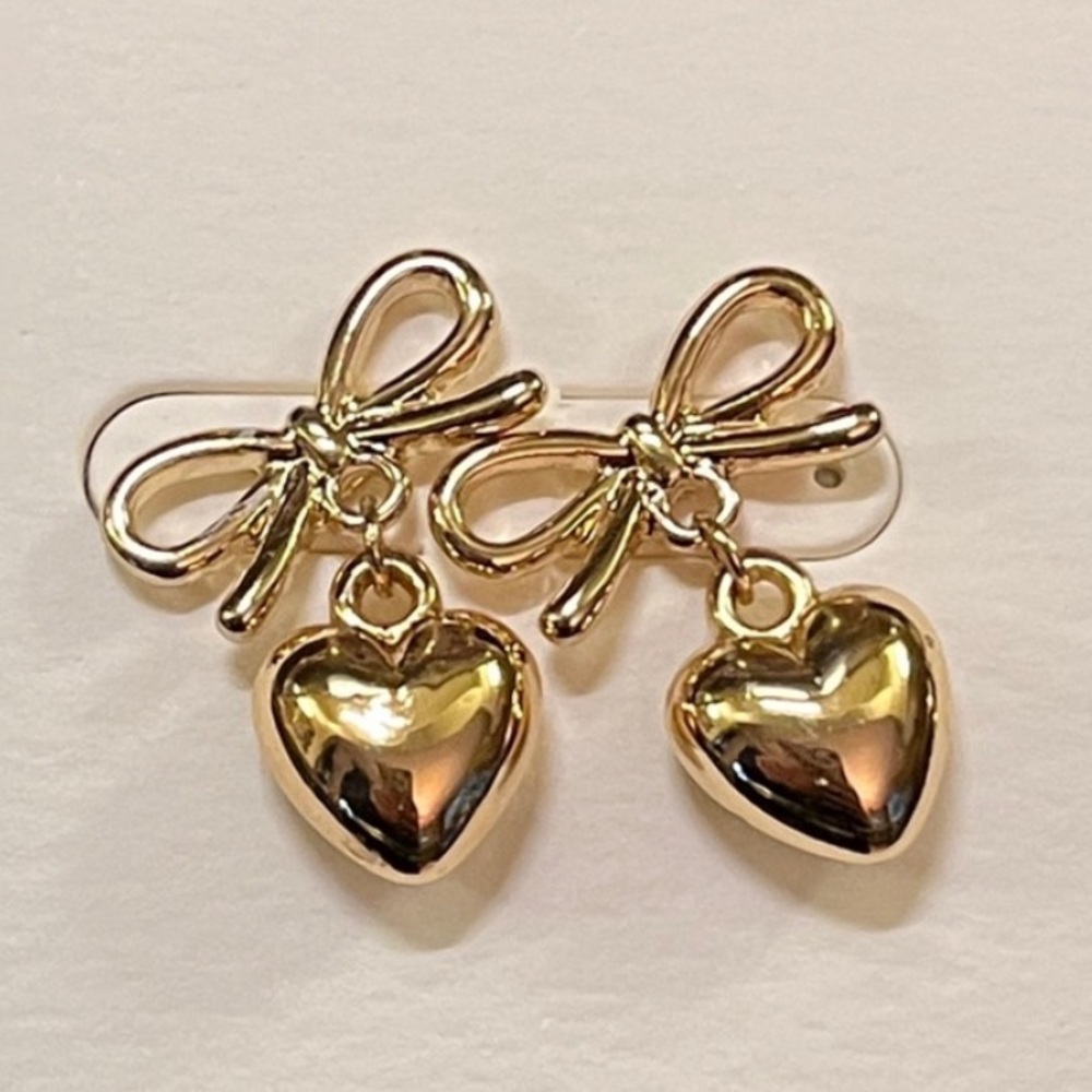 Gold Bow Puffy Heart Earrings
